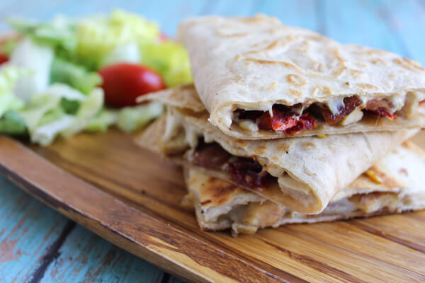 This blt chicken quesadilla is dairy-ffree and stuffed with sun dried tomatoes.